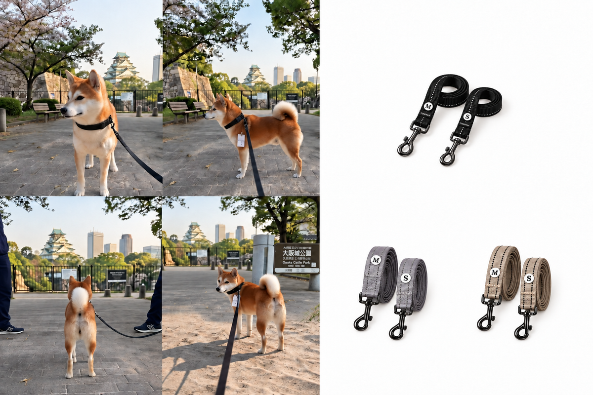 大阪公园柴犬四宫格与右侧小尺寸黑色、灰色、卡其色牵引绳